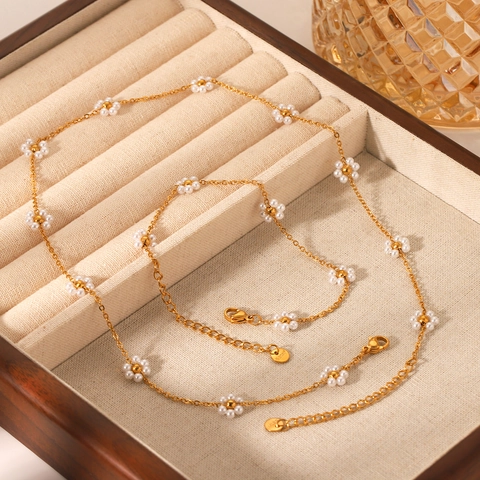 Daisy Flower Necklace And Bracelet Jewelry Stainless Steel White Artificial Pearl Gold Plated Elegant French Style For Women
