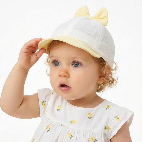 Baby Mädchen Baseballkappe Ausgehöhlte Blumenstickerei Große Schleife Kleinkind Sonnenhut Verstellbar Polyester