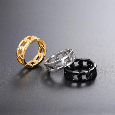 Hip Hop Cuban Link Chain Ring For Men Women Titanium Steel Electroplated Hollow Geometric Band Ring Gold Silver Black Jewelry