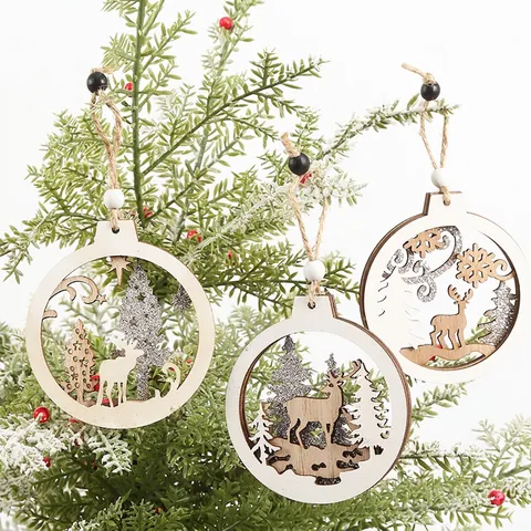 Ornamenti Da Appendere Albero Di Natale Legno Naturale Cavo Taglio Laser Design Foresta Renne Decorazione Festiva Con Corda Di Juta Perline