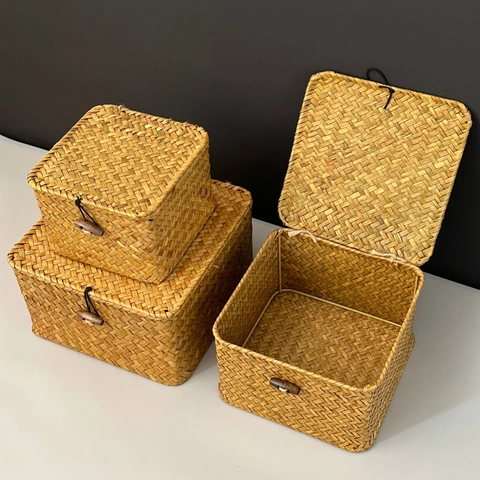 Handmade Woven Seagrass Storage Basket With Lid Gift Box Natural Straw Braid Square Wedding Souvenir Case Ribbon Decor