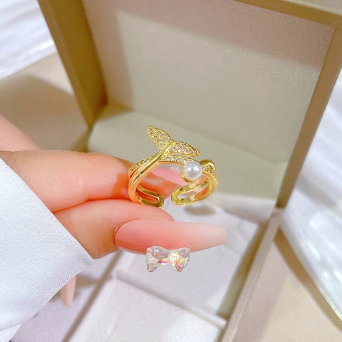 Anillo De Perla Artificial Con Cola De Pez Ajustable Latón Chapado En Oro Circón Elegante Joyería Regalo Mujer