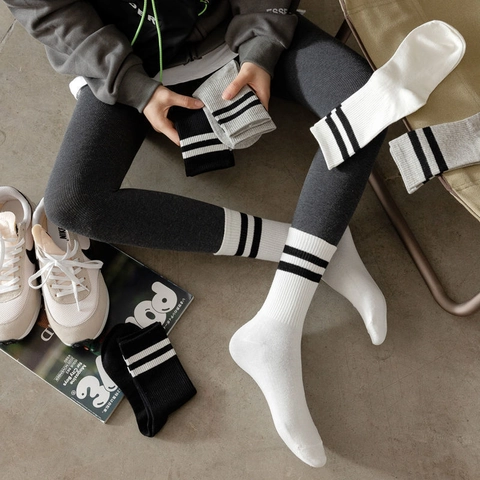 Ribbed Crew Socks With Double Bar Stripes Athletic Leisure Combed Cotton Blend Breathable Sweat Absorbent Soft For Women