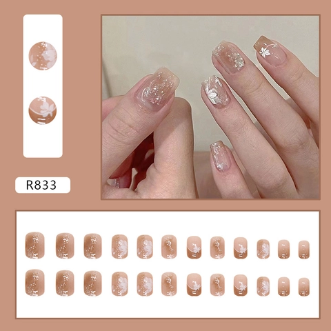 Press On Nails Kurze Quadratische Künstliche Fingernägel Nude Braun Farbverlauf Kamelienblüte Glitzer Französischer Stil Für Frauen