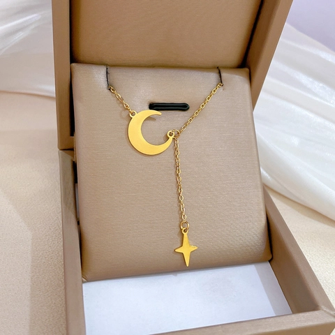 Collana Y Stella Luna Acciaio Titanio Placcato Oro Catena Clavicola Minimalista Donna
