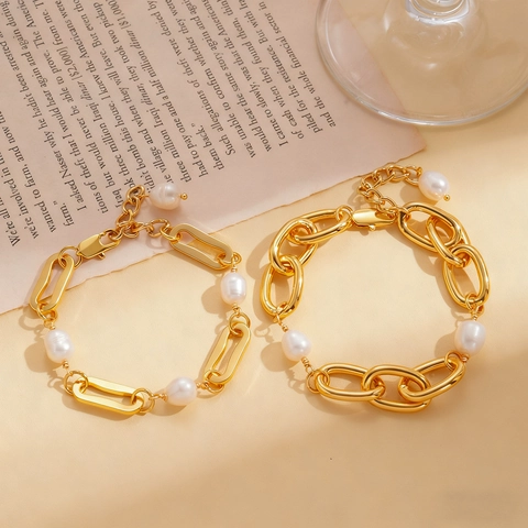 Elegante Pulsera De Cadena Ovalada Bañada En Oro De 18K Con Perlas Artificiales De Imitación Redondas Joyería De Moda Retro Estilo Francés