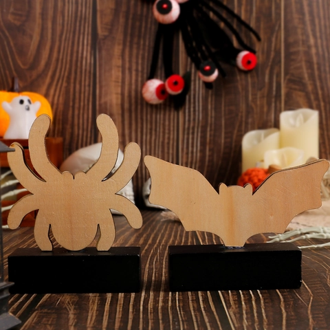 Halloween Wooden Desktop Ornament Spider Bat Shape Welcome Sign Home Party Table Decoration Black White