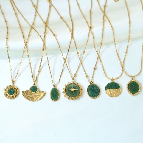 Vintage Stainless Steel 14K Gold Plated Natural Green Stone Pendant Necklace For Women Elegant Minimalist Jewelry Gift