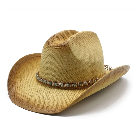 Western Cowboy Hat Paper Straw Wide Brim Sun Protection Beaded Band Bohemian Beach Vacation Retro Style Men Women