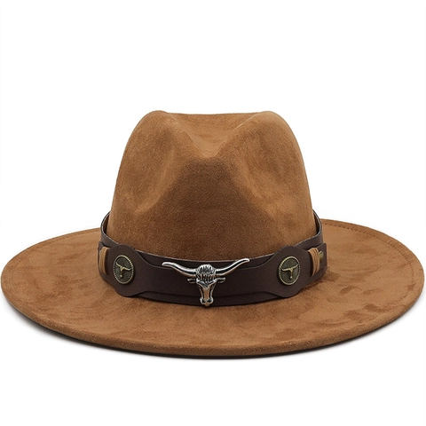 Western Cowboy Hat Wide Brim Suede Fedora With Bull Head Metal Buckle Leather Belt For Men Women Vintage Outwear Accessory