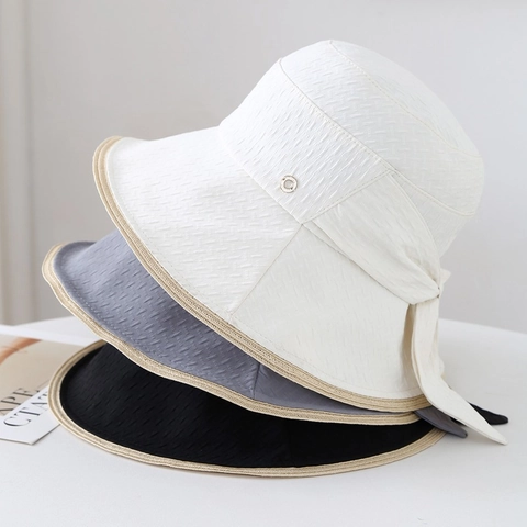 Sombrero De Pescador Mujer Tela Texturizada Lazo Elegante Protección Solar Transpirable Plegable Verano Viaje Hebilla Metal