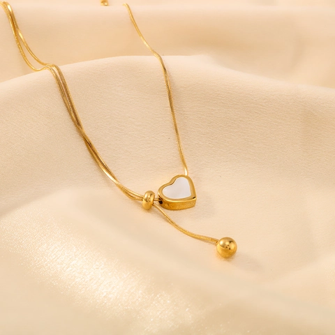 Collana Con Pendente A Cuore Placcata Oro 18K Acciaio Al Titanio Intarsio In Conchiglia Catena A Serpente Regolabile Gioielli Eleganti