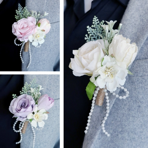Artificial Rose Boutonniere With Satin Flowers Faux Artificial Pearl And Jute Rope For Wedding Party Groomsmen Men Women Rustic Style