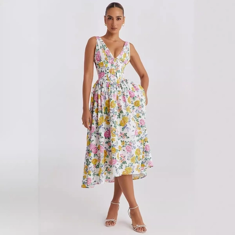 Women Floral Midi Dress V Neck Sleeveless Polyester A Line Summer Resort Dress With Pockets