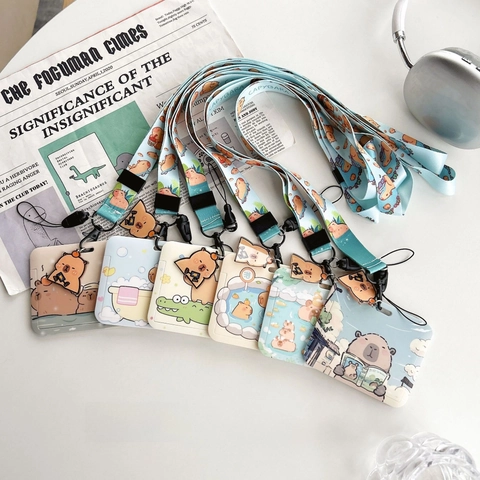Cute Capybara Card Holder And Lanyard Cartoon Plastic ID Badge Case For Office Student Daily Use