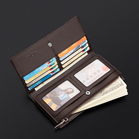 Men Long Wallet Genuine Cowhide Leather RFID Blocking Multi Card Slots Zipper Pocket Business Bifold Purse