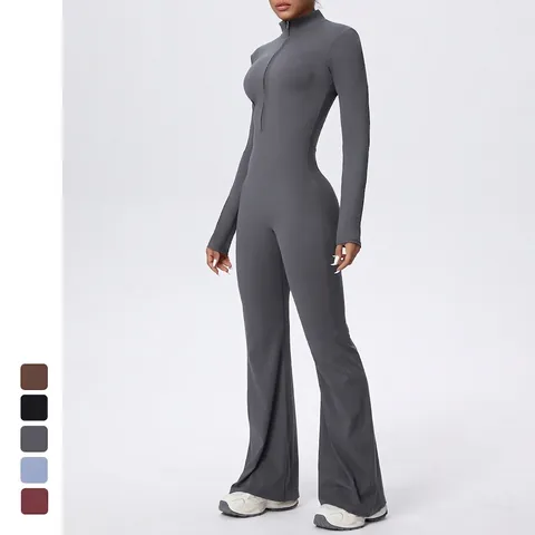 Damen Langarm Yoga Jumpsuit Reißverschluss Stehkragen Schlaghose Sportanzug Slim Fit Fitness Catsuit