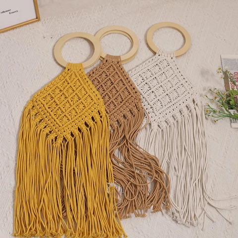 Bolso De Mano Tejido A Macramé Con Mango De Madera Borlas Largas Estilo Bohemio Playa Vacaciones Verano Para Mujeres