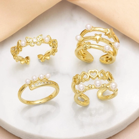 Gold Plated Copper Open Adjustable Rings Heart Butterfly Star Artificial Pearl Rhinestone Dainty Jewelry Rings For Women