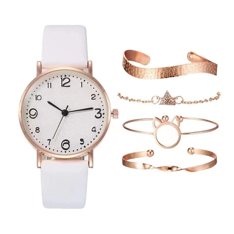 Vrouwen Mode Kwarts Horloge En Strass Armband Collectie Kunstleer Band Legering Analoog Polshorloge Voor Elegante Dames Sieraden Cadeau