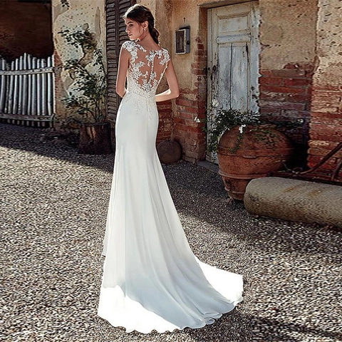 Abito Da Sposa In Pizzo E Raso Senza Maniche Coda A Sirena Ricamo Floreale Per Donna Elegante Sexy Bianco Avorio