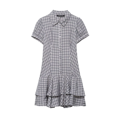 Gingham Plaid Short Sleeve Mini Dress Polyester Shirt Collar Button Down Tiered Ruffled Hem Sexy Style For Women