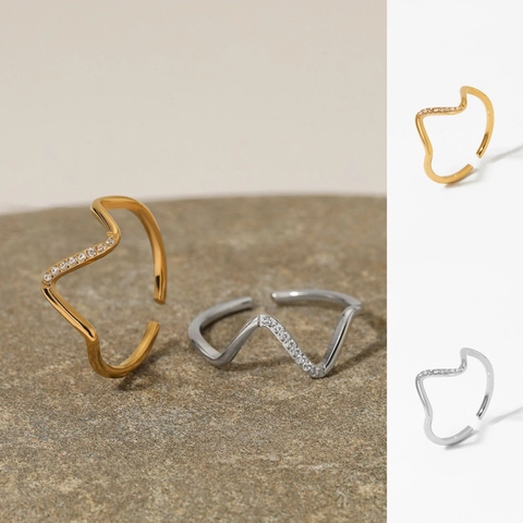 Roestvrijstalen Golf Ring Micro Zirconia Minimalistisch Onregelmatig Verstelbaar Mode Sieraden Voor Dames Goud Zilver Kleur