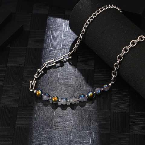Collana Patchwork In Acciaio Inossidabile Hip Hop Perline In Pietra Naturale Iridescenti Colorate Catena Per Clavicola Unisex