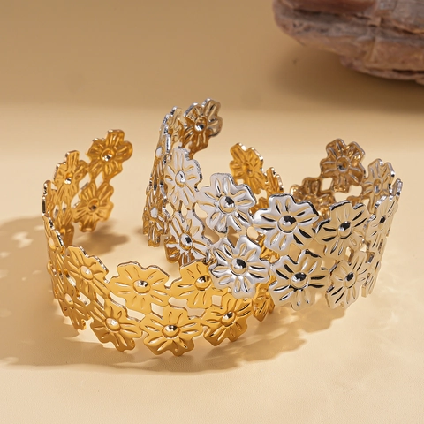 Holle Blumen Offene Manschette Armreif Breite Metallische Florale Muster Boho Vintage Schmuck Für Frauen