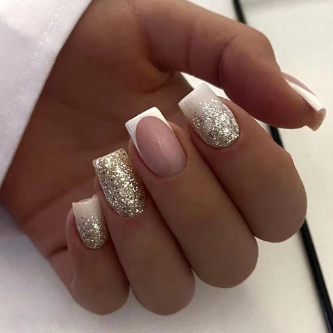 Press On Nägel Französische Spitze Rosa Jelly Kurz Quadratisch Mit Silbernem Glitzer Und Kleber DIY Maniküre Für Frauen