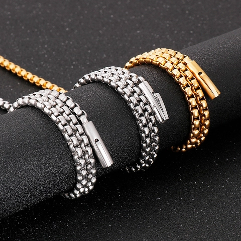 Collar De Cadena De Caja De Acero Inoxidable 316L Chapado En Oro De 18K Joyería Punk Hip Hop Eslabón Cuadrado Cierre Cilíndrico