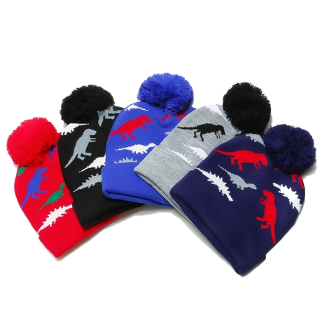Kids Dinosaur Knit Beanie Hat Acrylic Warm Winter Pom Pom Jacquard Pattern For Boys Girls