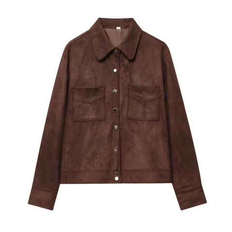 Women Suede Jacket Long Sleeve Lapel Collar Button Down Casual Solid Color Outerwear With Flap Chest Pockets