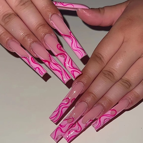 Uñas Postizas Cuadradas Extra Largas Líneas Onduladas Rosas Brillo Plateado Manicura De Moda Para Mujeres