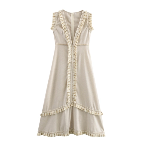 Women Sleeveless Maxi Dress Deep V Neck Fringe Tassel Detail Bohemian Vacation Resort Style High Waist Holiday Beach