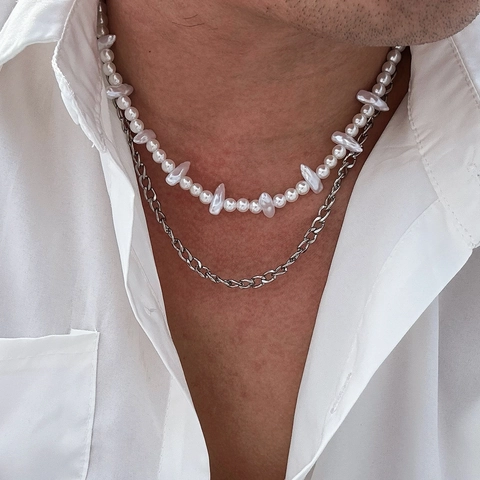 Collar De Doble Capa Para Hombre Perla Artificial De Imitación Barroca Irregular Y Cadena NK De Metal Plateado Joyería Hip Hop