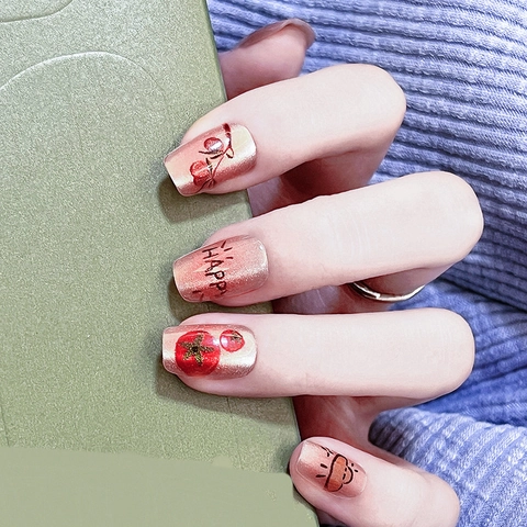 Champagne Gold Shimmer Cat Eye Press On Nails New Year Theme Cartoon Cat Persimmon Pattern Square Round Fake Nails