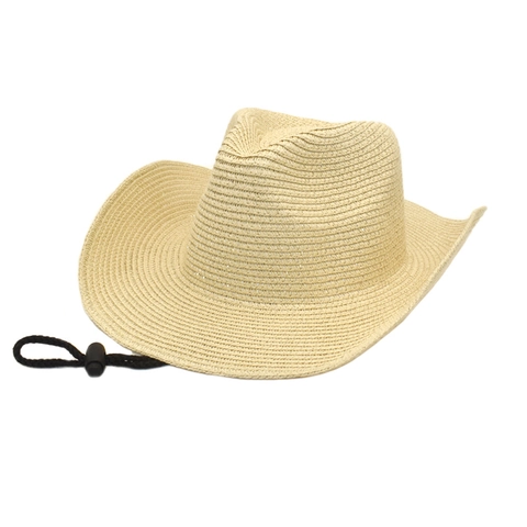 Western Cowboy Straw Hat Wide Brim Sun Protection Breathable Beach Jazz Fedora With Adjustable Chin Strap For Men Women