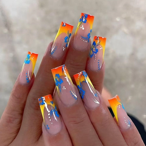Uñas Postizas Presión Resina ABS Media Larga Cuadrada Degradado Francés Verano Floral Azul Lunares Para Mujeres