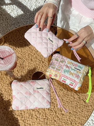 Mini Coin Purse Quilted Cotton Cosmetic Bag Zipper Portable Storage Pouch Floral Bear Pattern Korean Style Women Girls