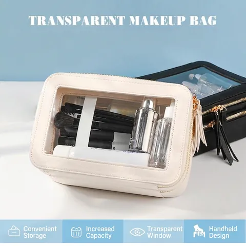 Women Large Capacity Makeup Bag PU Leather Transparent PVC Window Dual Layer Waterproof Travel Cosmetic Wash Pouch Handheld