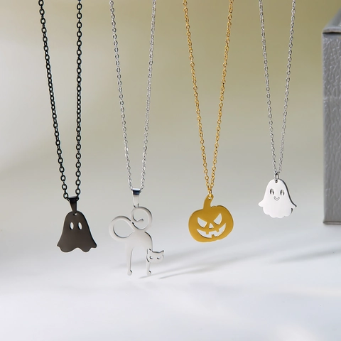 Halloween Edelstahl Anhänger Halskette Gold Silber Schwarz Geist Kürbis Spinne Katze Hexenhut Gothic Schmuck Für Damen Herren