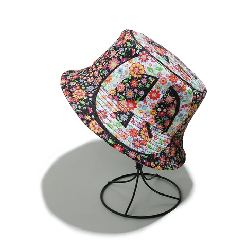 Women's Floral Print Bucket Hat With Peace Sign Pattern Hip Hop Sun Hat Polyester Summer Beach Cap For Outdoor Travel