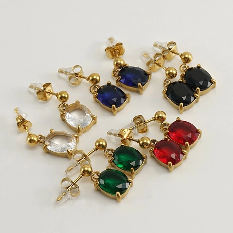 Stainless Steel Oval Cubic Zirconia Drop Earrings For Women Gold Plated Elegant Retro Style Niche Design Jewelry