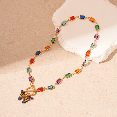 Vintage Butterfly Pendant Necklace Alloy With Multi Color Rectangular Rhinestones Toggle Clasp For Women