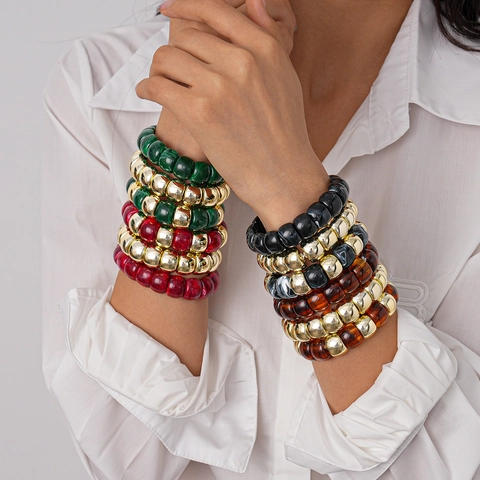 Bohemian Geometrische Quadratische Acrylperlen Armband Mit Marmor Textur Und Glänzendem Gold Überzogenen Legierungsakzenten