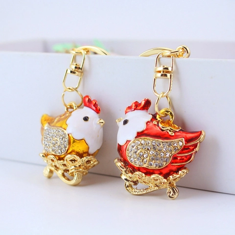 Lindo Llavero de Gallina de Esmalte Strass Gallo del Zodiaco de Metal Colgante de Bolso de Aleación de Zinc Llavero Galvanizado Mujer