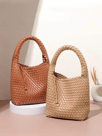 Bolso De Mano Tejido Para Mujer Cuero PU Gran Capacidad Hobo Tote Con Bolsa Moda Estilo Casual Simple