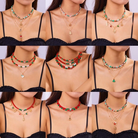 Multi Layer Christmas Necklace Alloy Polymer Clay Beaded Choker With Santa Snowman Snowflake Pendants For Women Festive