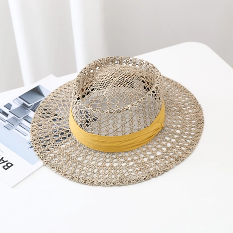 Women Summer Breathable Hollow Hand Woven Hat French Retro Wide Brim Sunshade Flat Top Beach Vacation Sun Hat For Women